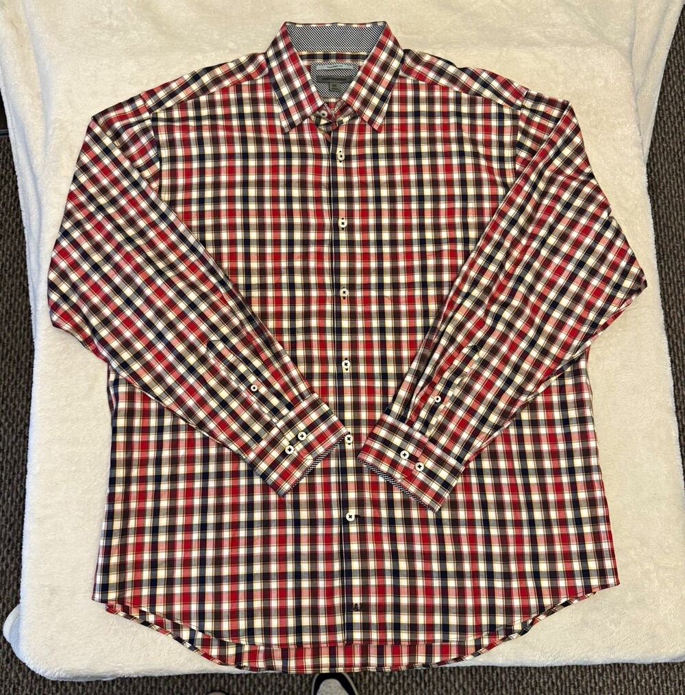 Johnston & Murphy Tailored Fit Men's 2XL Red Navy White Plaid Button-Up Shirt